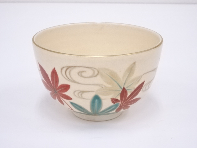 JAPANESE TEA CEREMONY / TEA BOWL CHAWAN / KYO WARE / FLORAL PLANTS 
